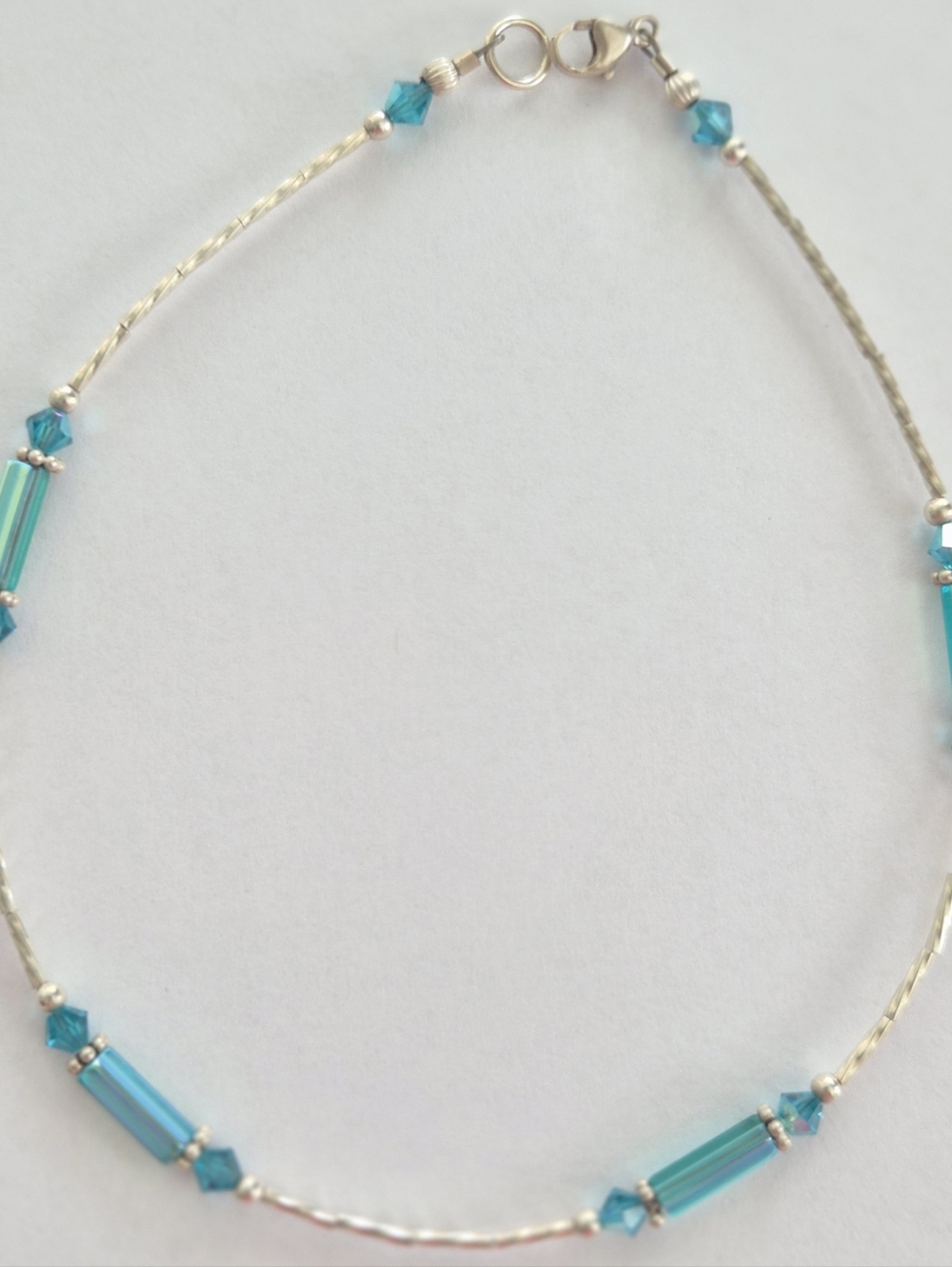 Aqua Teal Crystal Beaded Anklet Faceted Glass Tube Silver Tone Beach